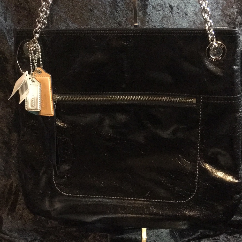 🎉HOST PICK🎉 NWT Coach Poppy Leather Slim Tote Blk Crackled Leather - Picture 5 of 17